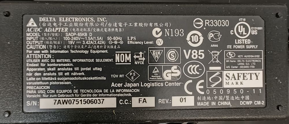 Acer Portable Laptop Adapter 19V 3.42A64584392410369121