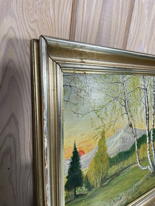 Pejzaż olejny ręcznie malowany brzozy zieleń