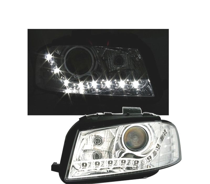 FARÓIS AUDI A3 8P 03-08 FUNDO CROMADO LUZ DIURNA LED