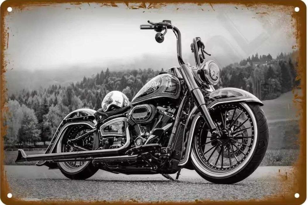 Плакат постер на металле «Байк Чоппер» Мотоцикл Монохром 20х30см