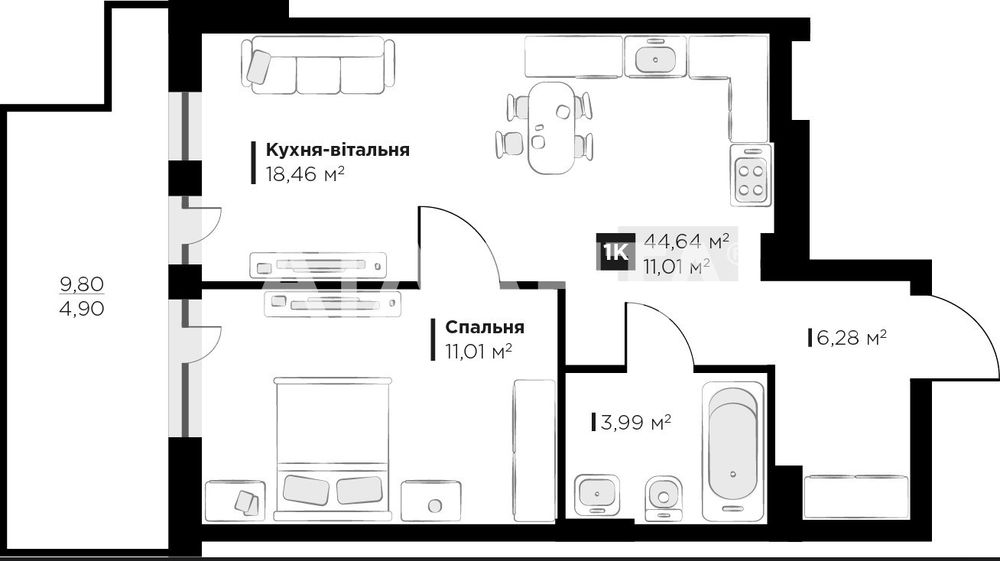 Продаж 1 кім. квартири у м. Винники ЖК Perfect Life 44,64 м²