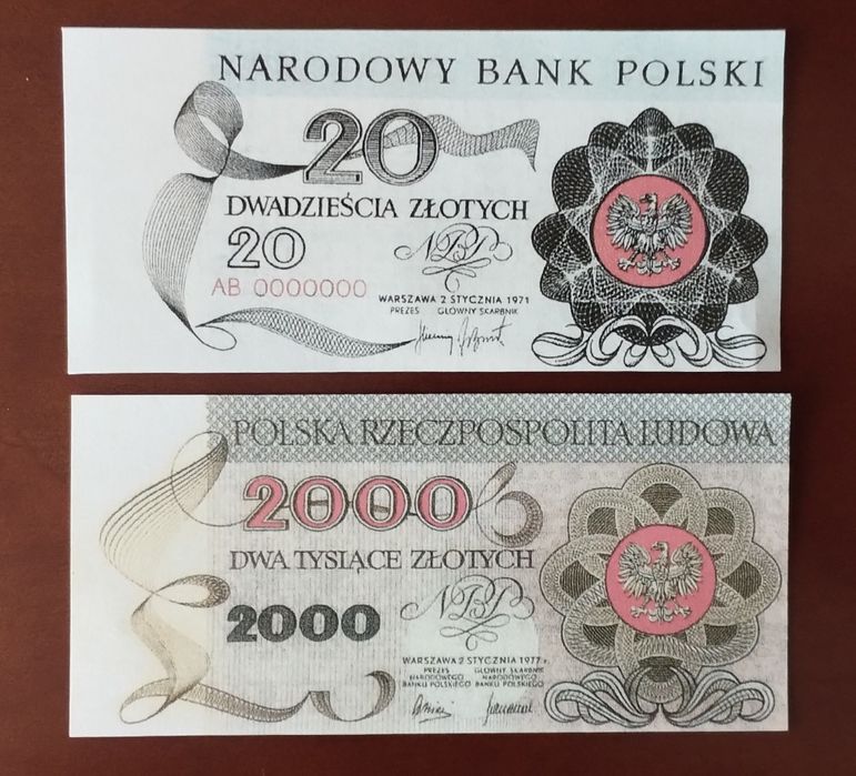 Banknoty Tajna Seria Poznań 20 zł i Gniezno 2000 zł PRL lata 70-te NBP