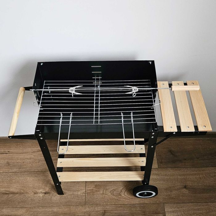 GRILL Węglowy Ogrodowy Na Kółkach Regulowany Rożen BBQ Ruszt 50 x 24cm