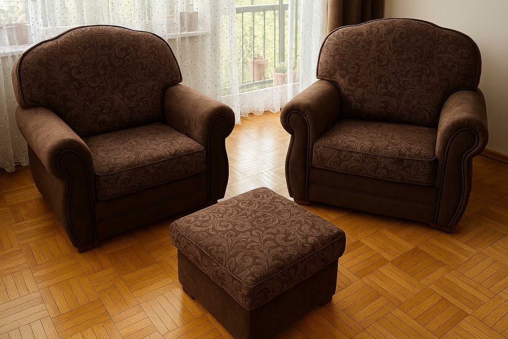 Fotele tapicerowane 2 szt + pufa
