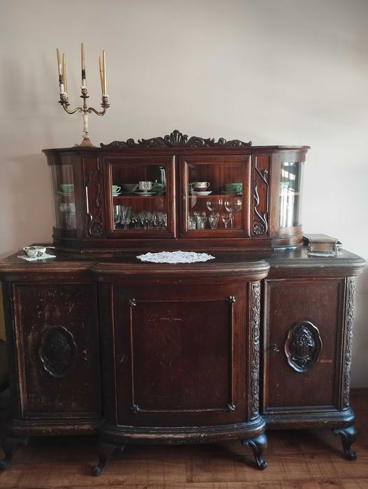 Antyczny kredens dębowy XIX/XX w. - gięte szyby ANTYK