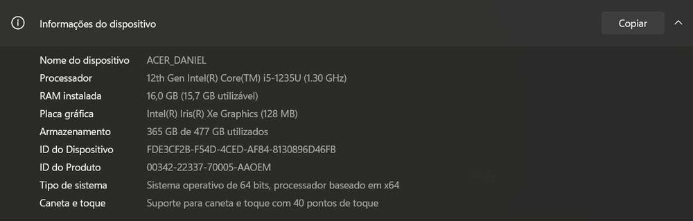 Acer Aspire A315 | i5 12ª Gen - 16GB RAM - SSD 512GB - Como novo