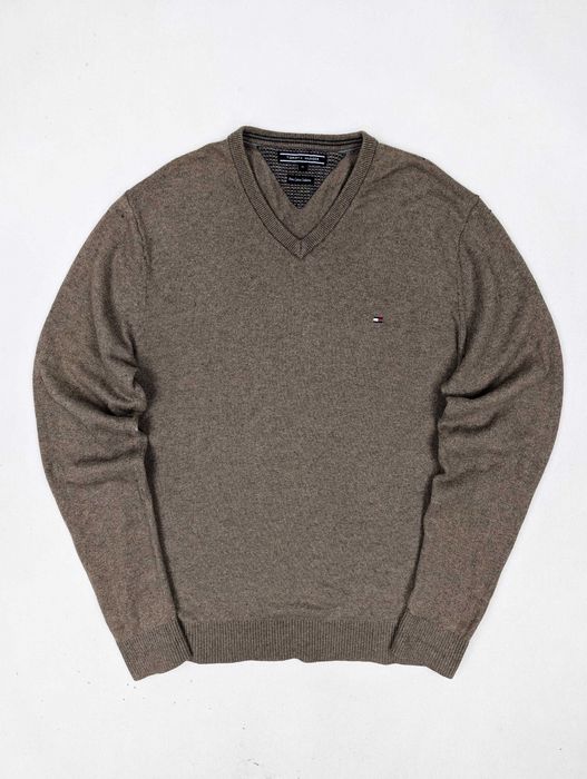 Tommy Hilfiger brązowy sweter z domieszką kaszmiru M logo