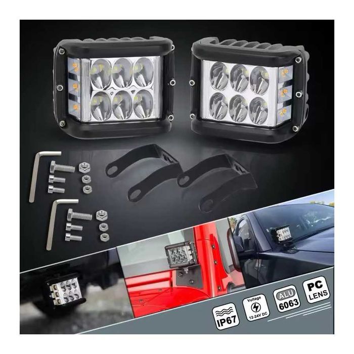 Par Faróis Auxiliares LED Quadrados Dupla Luz - 45W 9000LM