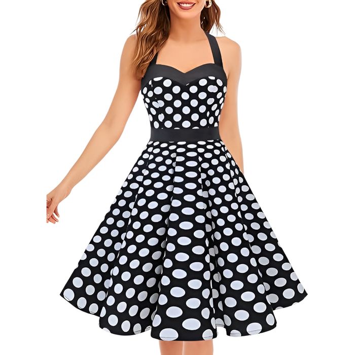 Sukienka koktajlowa vintage lata 50. czarna w kropki XXL