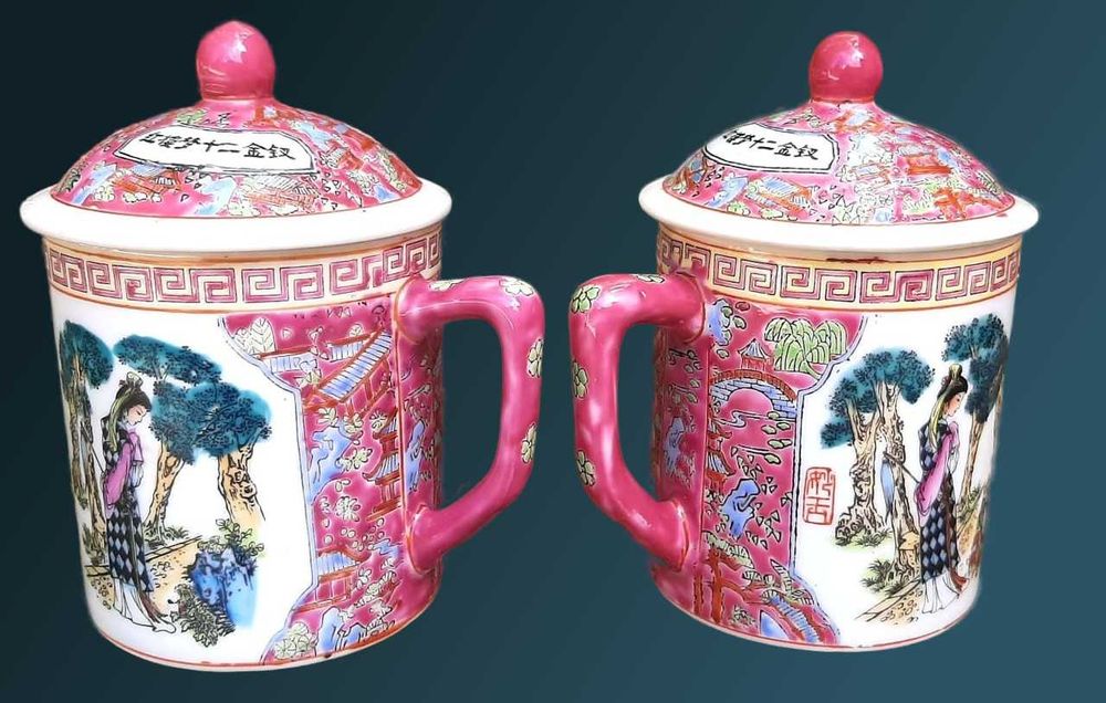 Фарфоровая винтажная китайская чашка с крышкой, для заваривания чая. SD®. Сон в красном тереме. Ручная роспись.  - 2 комплекта.