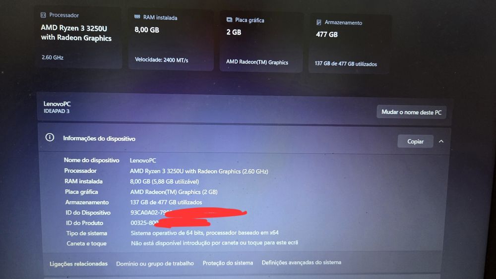 Portátil Lenovo IdeaPad 3 15,6" | Ryzen 3, 8 GB, SSD 512 GB | Caixa + Candeeiro