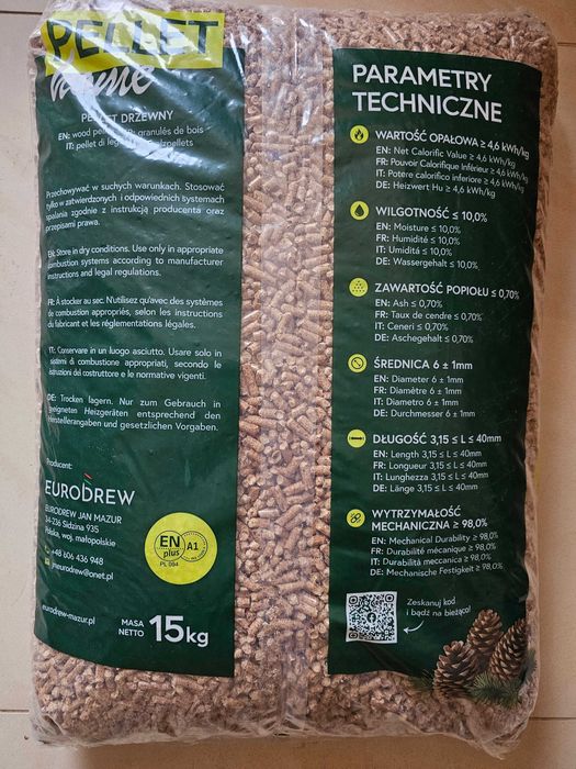 Pellet drzewny, pelet certyfikowany A1, Enplus 15kg.