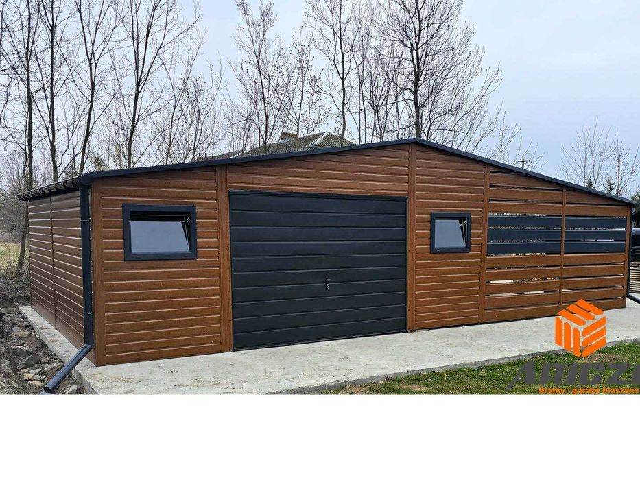 Garaż balaszany z wiatą, schowek magazynek, konstrukcja stalowa 6x6 + 4x6
