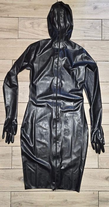 769/ Sukienka XL lateks latex czarna zintegrowane rękawice maska zamek