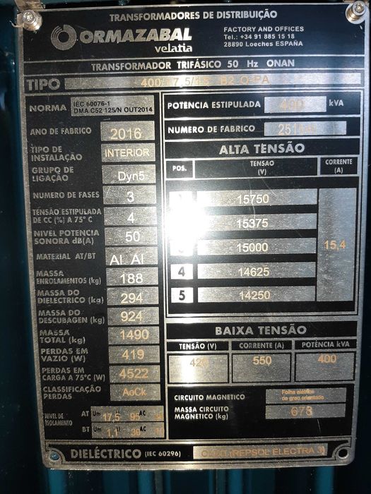 Transformador Ormazabal 400kVA 15kV/400V