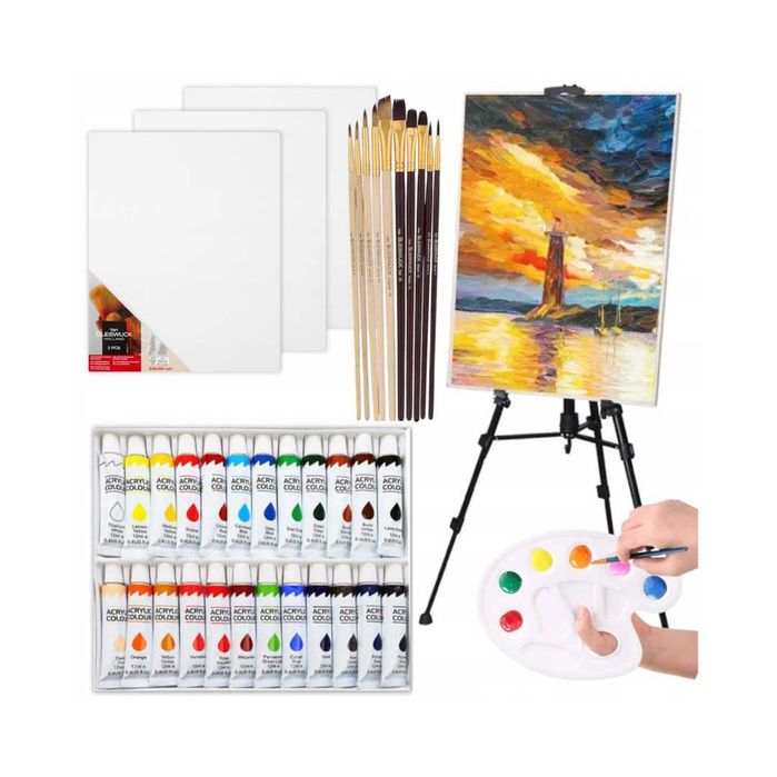 Zestaw artystyczny malarski sztaluga farby płótna pędzle dla dzieci