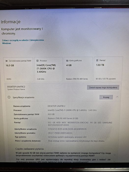 Komputer do grania, intel i7 2600k 3.4Ghz, 16gb ram, AMD RX 460 4gb, dysk ssd