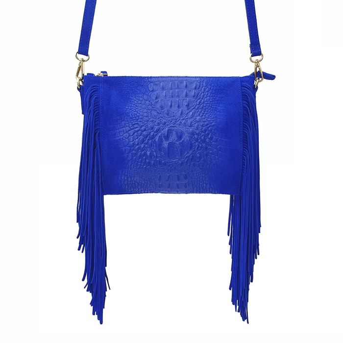 VERA PELLE torebka zamszowa listonoszka z frędzlami V001 chabrowa