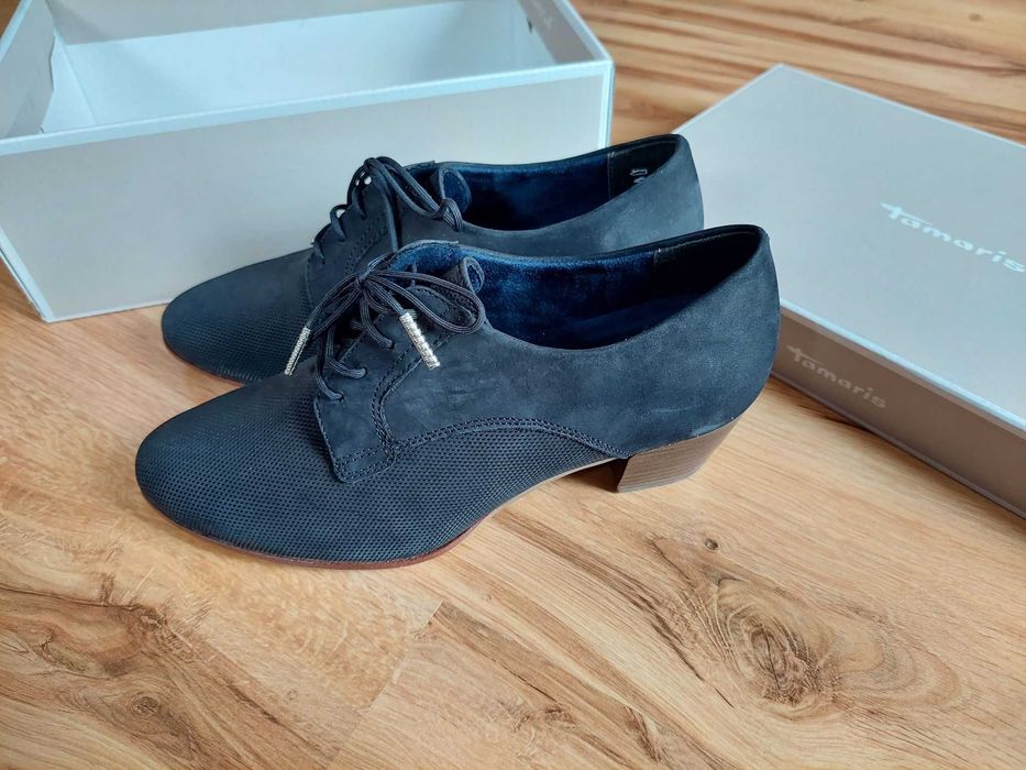 skórzane buty tamaris 37 półbuty granatowe podeszwa anti-slide wiązane