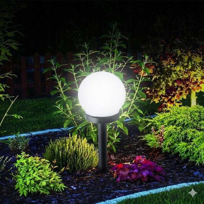 NOWA Lampa Solarna Zewęntrzna Z Czujnikiem Zmierzchu Ogrodowa LED Kula Do Ogrodu Altany Na Taras Wbijana Duża 30cm Naziemna Biała Mleczna Wydajna HIT