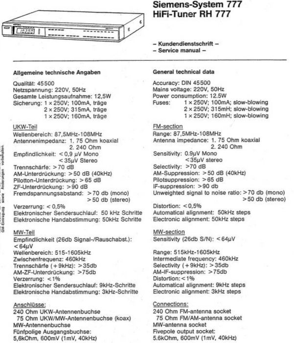 Tuner Siemens RH777 w dobrym stanie bez pilota
