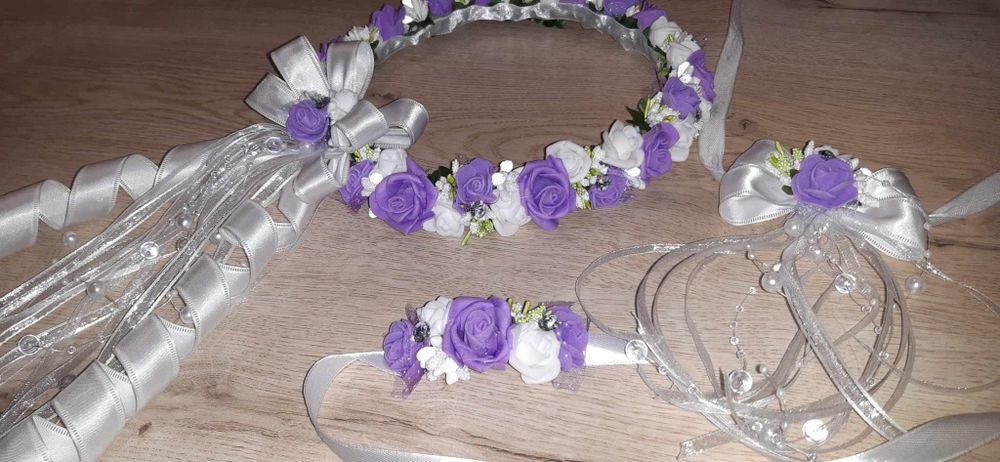 Wianek komunijny biało fioletowy zestaw