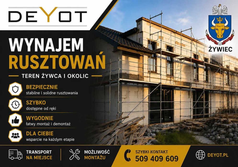 WYNAJEM Żywiec - Rusztowanie elewacyjne fasadowe | Transport Montaż
