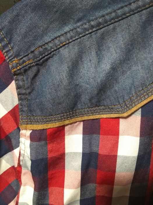 Koszula chłopięca/męska, M/40, jeans, krata, skóra