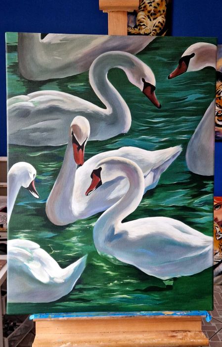 Białe łabędzie, duży obraz do salonu, ręcznie malowany 60x80cm