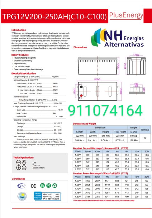 Bateria Solar de GEL 250Ah C100 / 200Ah C10