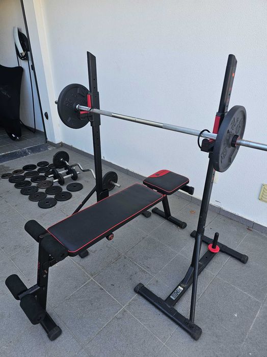 Kit musculação banco rack barra, barras e discos pesos