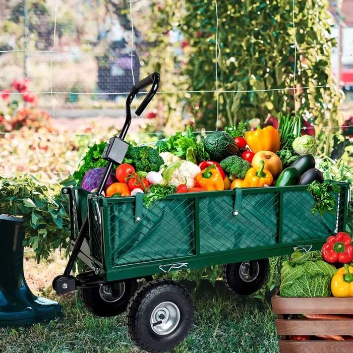 Nowy Wózek Ogrodowy Transportowy Taczka Przyczepka Z Plandeką Zielony 100L 400kg Działka Ogród Budowa