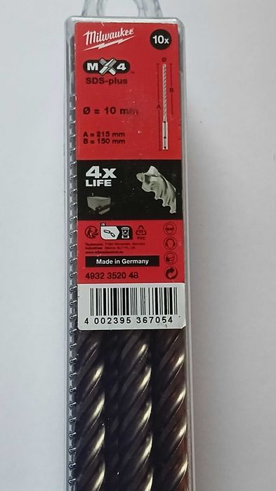 Wiertła MILWAUKEE do betonu 10mm 150/215mm SDS-PLUS MX4 10szt*nowe*org