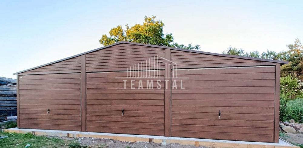 GARAŻ BLASZANY 9m x 6m - dwuspad 3x Brama ciemny orzech TS258  9x6