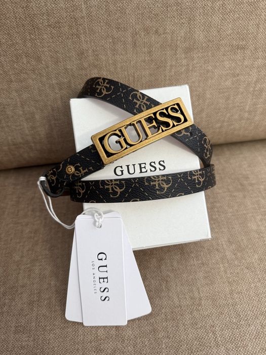 Guess oryginalny nowy pasek monogram brązowy logo złota klamra S + pudełko