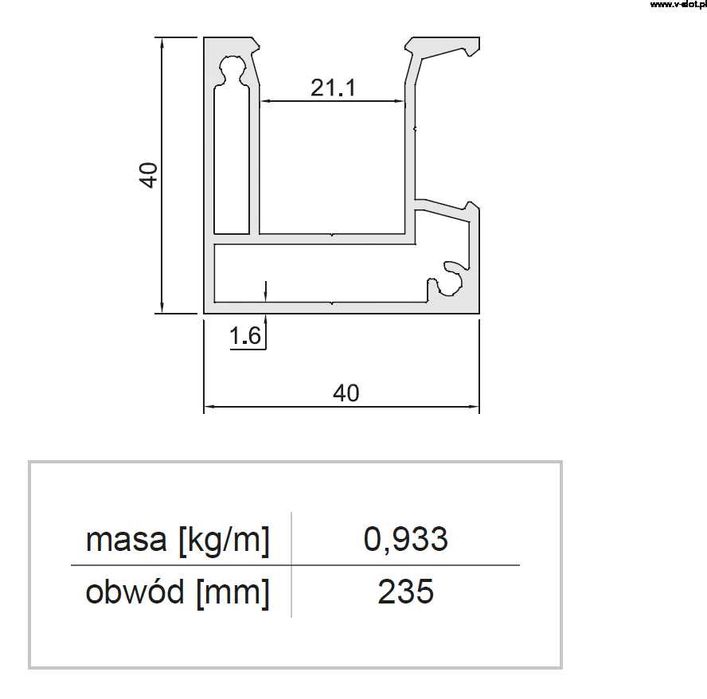 Profil aluminiowy mocujący 40x40 Rowek 20mm konstrukc. WPC ALU Ocynk