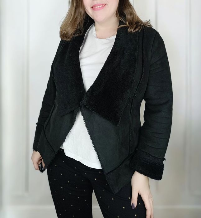 Czarny kożuch kożuszek shearling kurtka ramoneska plus size 44