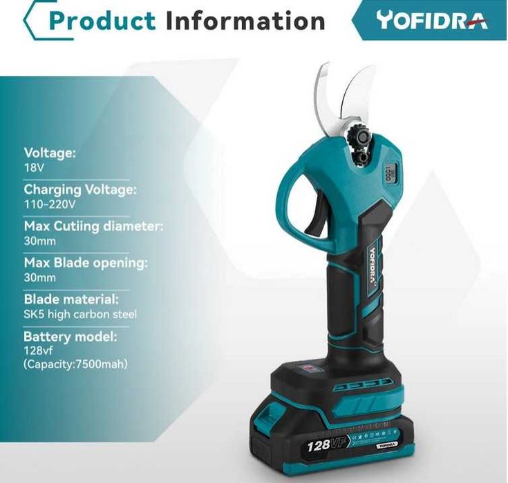 Tesoura Poda Elétrica YOFIDRA Baterias + Mala Transporte +  Acessórios