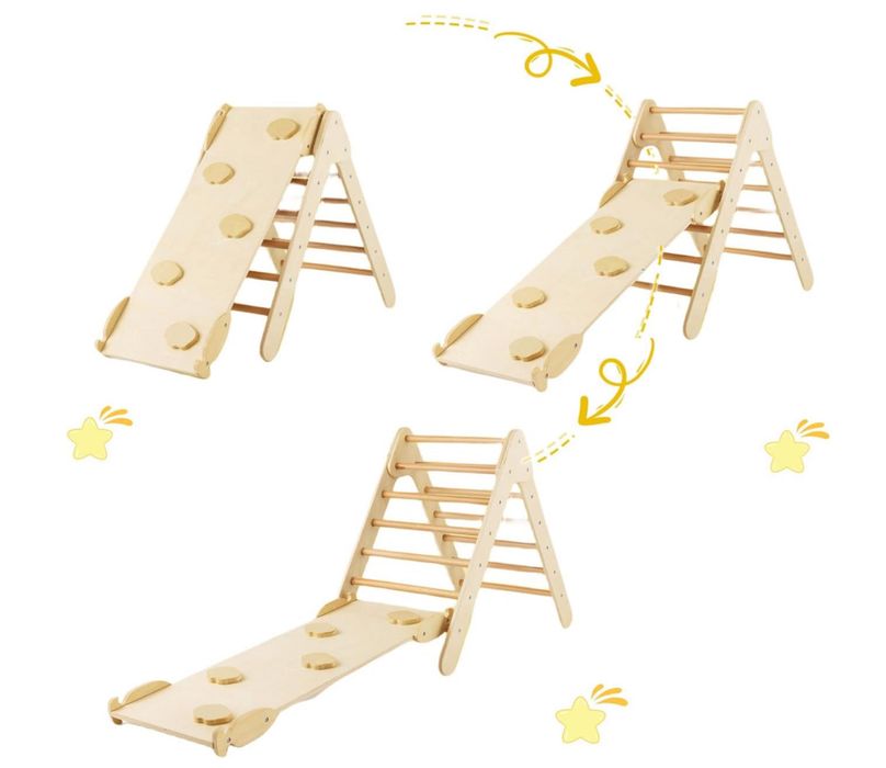 Escorrega infantil de madeira com parede escalada estilo Montessori