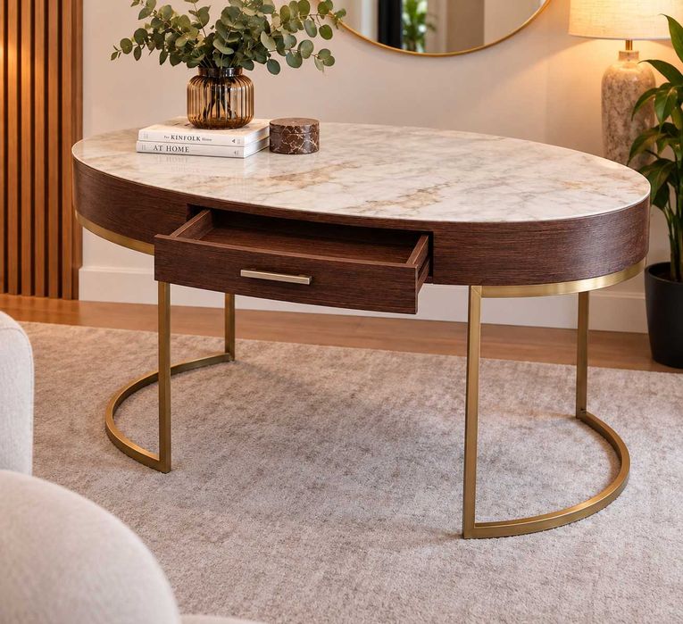 Mesa Oval Vintage em Madeira, Mármore e Vidro – Pés Dourados + Gaveta