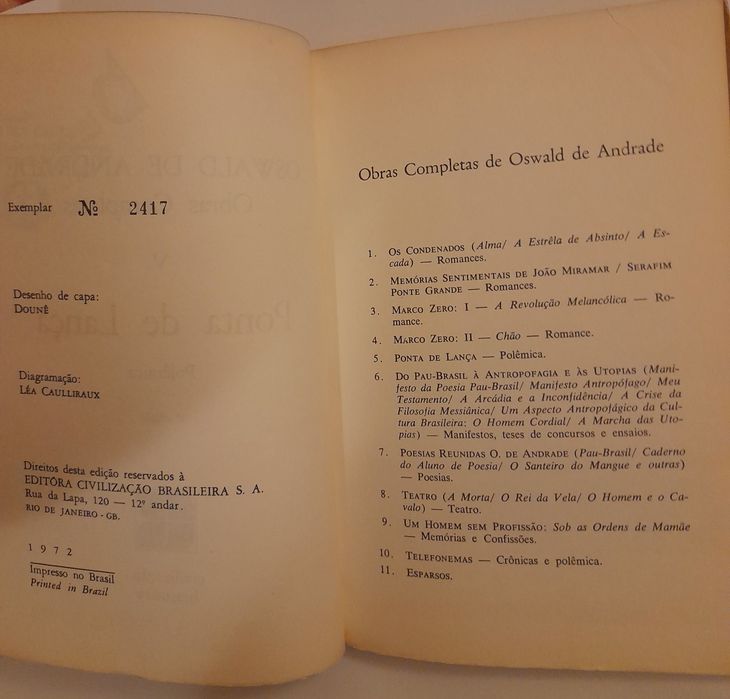 Livro,  "ponta de lança ", Obras Completas de Oswald de Andrade