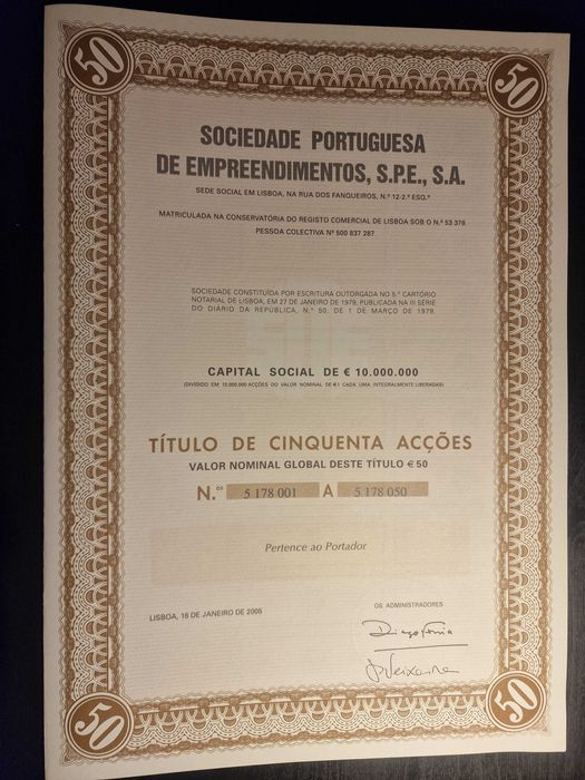 Títulos de Ações - Sociedade Portuguesa de Empreendimentos SPE, SA
