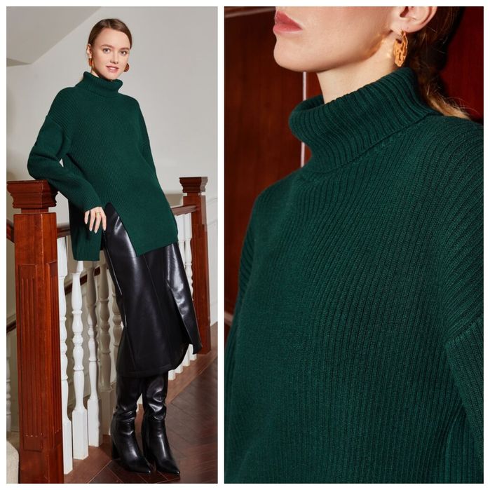 MOTF L-XL prążkowany NOWY sweter luźny głęboki ciemny zielony kolor