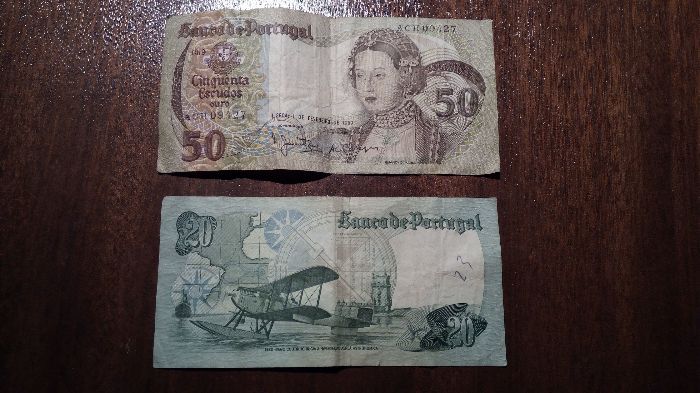 Lote de uma nota de 20 escudos e uma nota de 50 escudos 1978/1980