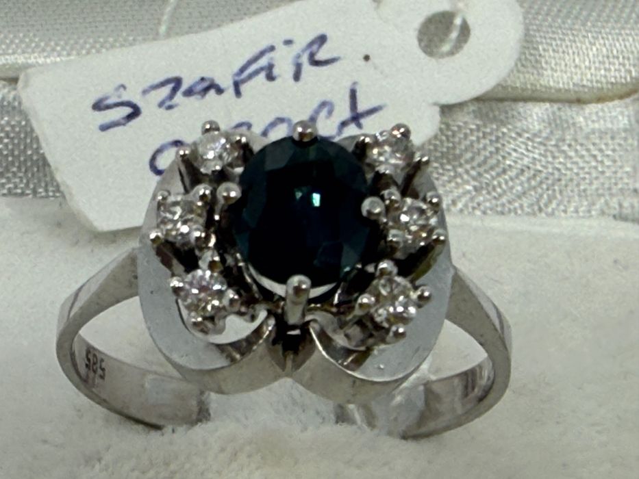 Pierścionek szafir i brylanty białe złoto próba 585