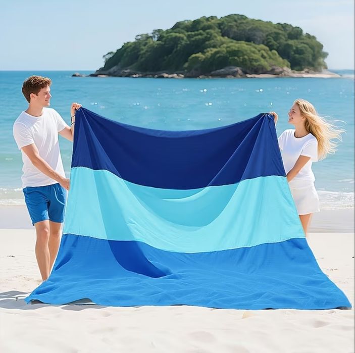 Duża mata plażowa 200x140cm  szybkoschnąca piaskoodporna z pokrowcem na plażę niebieska nowa