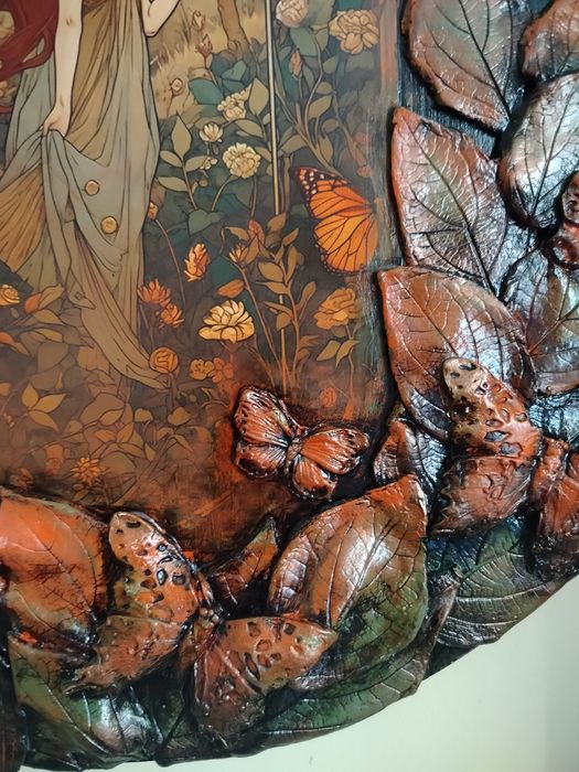 Ręcznie wykonany obraz na desce, panel dekoracyjny z ceramiką