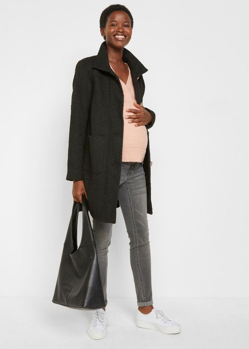 B.P.C płaszcz ciążowy krótki czarny boucle z panelem r.44