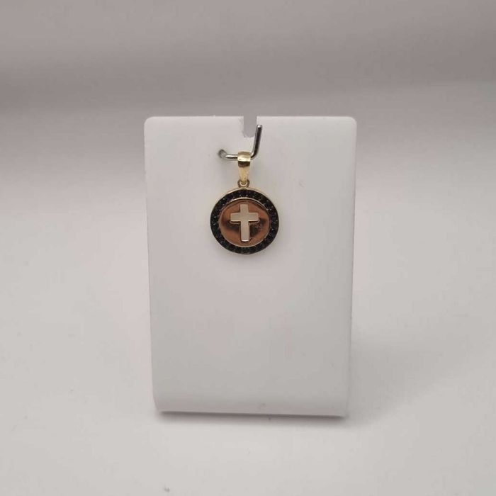 Złota zawieszka pr. 585 krzyż wycięty w blaszce z cyrkoniami - nowa