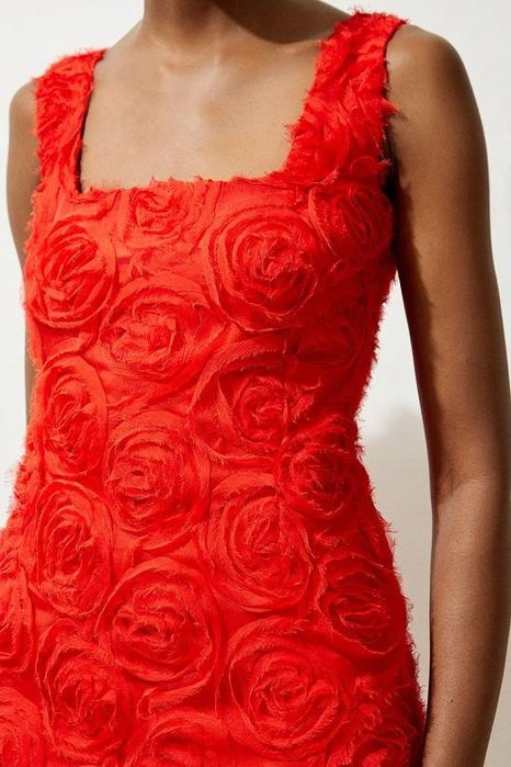 Karen Millen 38 M Czerwona Sukienka Róże Crinkle Rosette Mini D2710